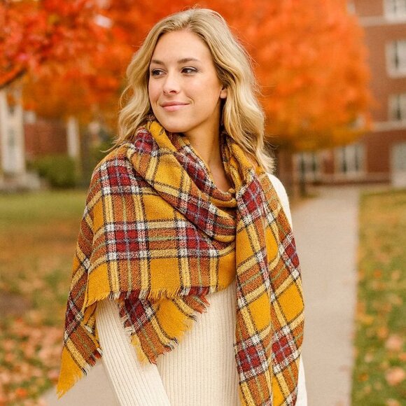 Altard State Blanket Scarf Wrap Golden Yellow Plaid Cozy Fall Fashion Fringe - Picture 1 of 12